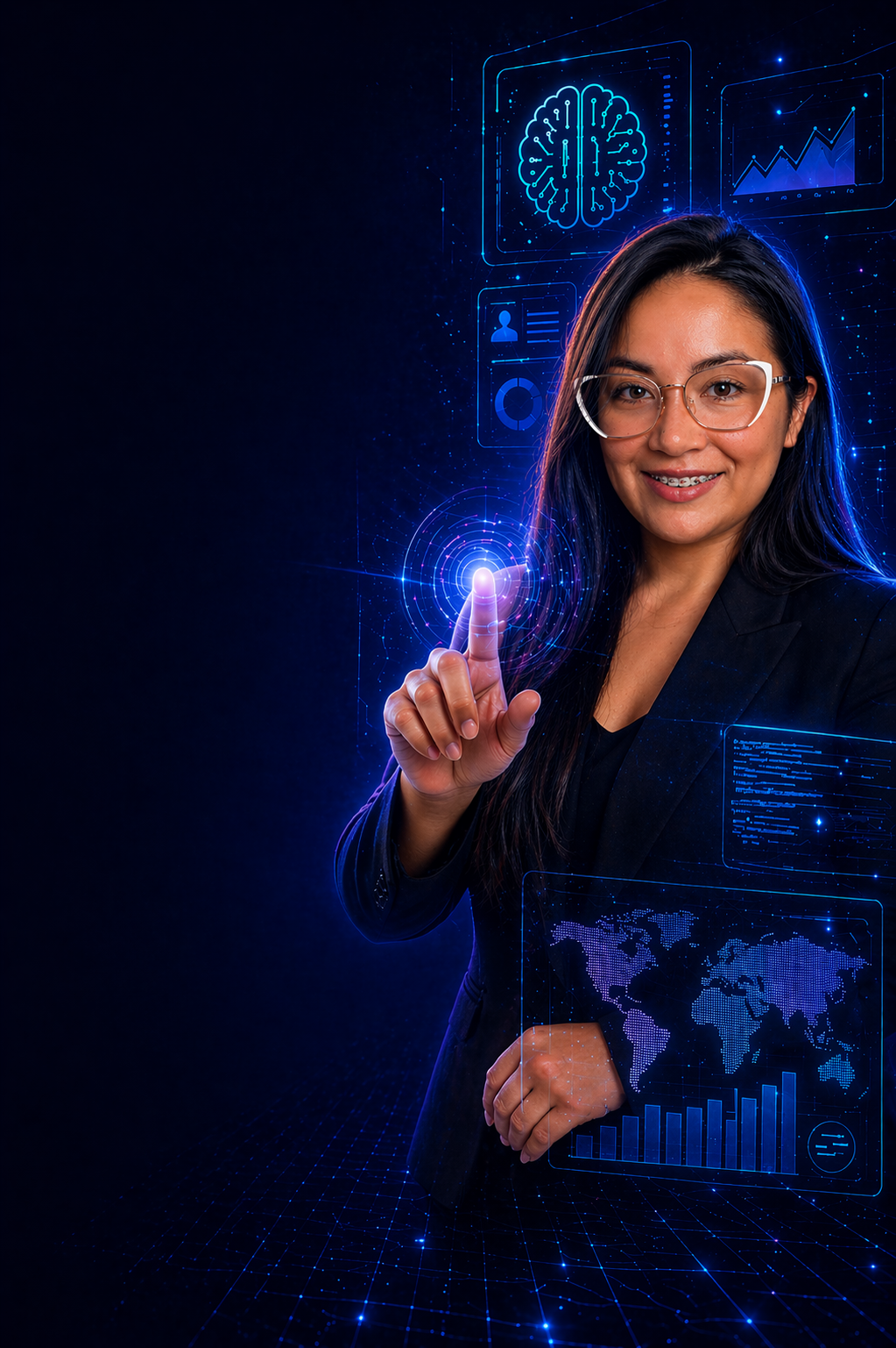 Fundadora de AI Creator interactuando con una interfaz tecnológica